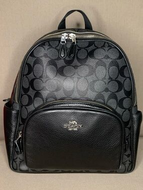 The Coach Black Signature Logo Leather Coated Canvas Court Backpack